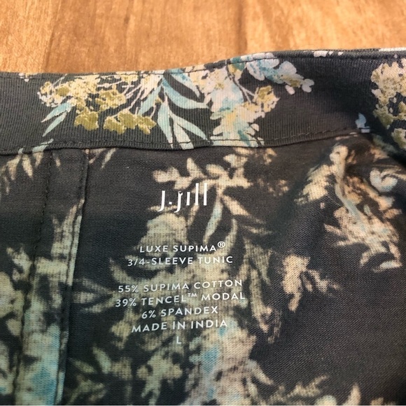 J Jill Luxe Supima 3/4 Sleeve Tunic Womens Large Black Blue-Green Floral Stretch - Picture 3 of 7